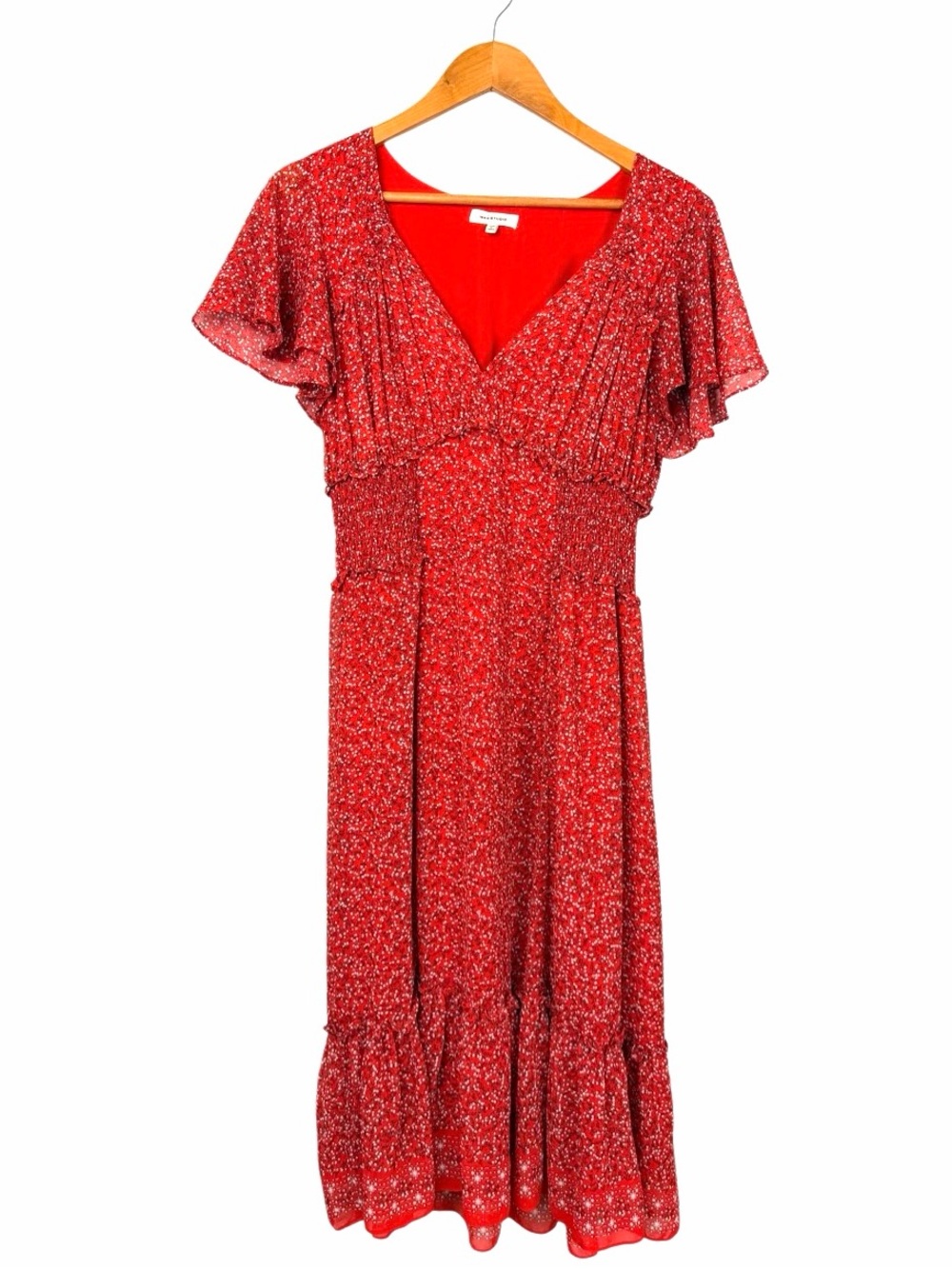 Max Studio Red Floral Ditsy V-Neck Flutter Sleeve smocked bodice Midi Dress